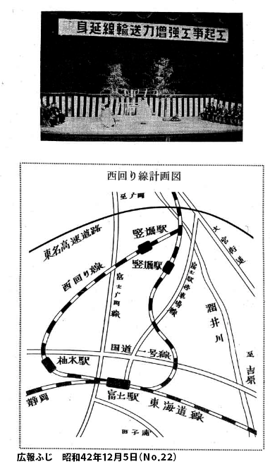身延線西回り複線化起工 完成は45年 柚木駅と竪堀駅を新設 複線は潤井川まで(広報ふじ S42.12.5) 