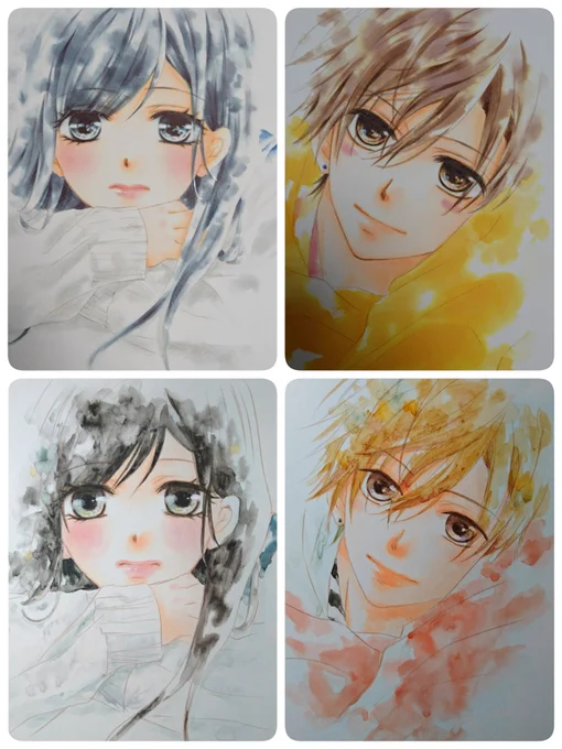 同じ絵を紙を変えて、透明水彩で塗ってみたりカラーインクで塗ってみたり。 #透明水彩 #水瀬藍 