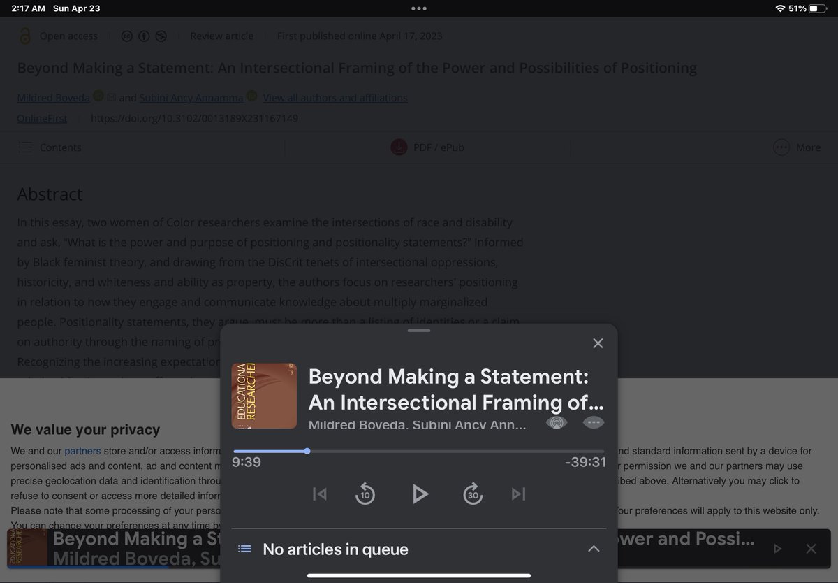 I think I just won grad school. 

ID: Screenshot of when I accidentally told my iPad to read @mildredboveda & @DrSubini 2023 aloud. I paused it and it shows my progress and how long it’ll take to read it to me

I’m gonna graduate🥺

#DisCrit #ActuallyAutistic #AutisticWhileBlack