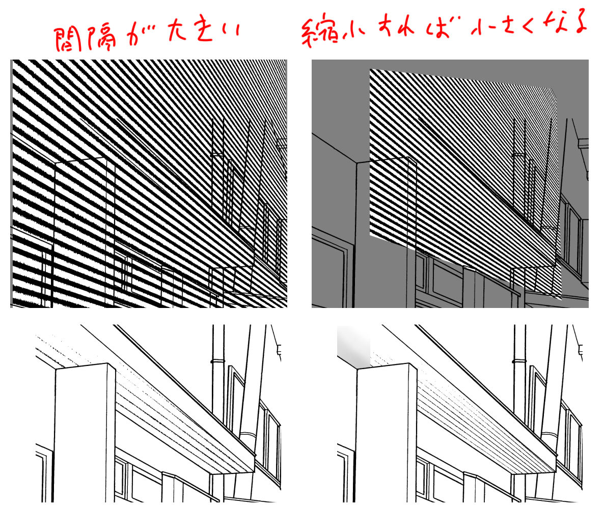 グレー線画化素材、大きく変形させると線の太さは濃度で調整できるけど、線の間隔は変形で変わってしまう問題がありました… 個別に縮小対応するより描いたほうが早い💦 完璧なる時短技にはならないですね…むずかしい🥲 壁1枚とかなら使えると思いますので、用途が限られるかと💦
