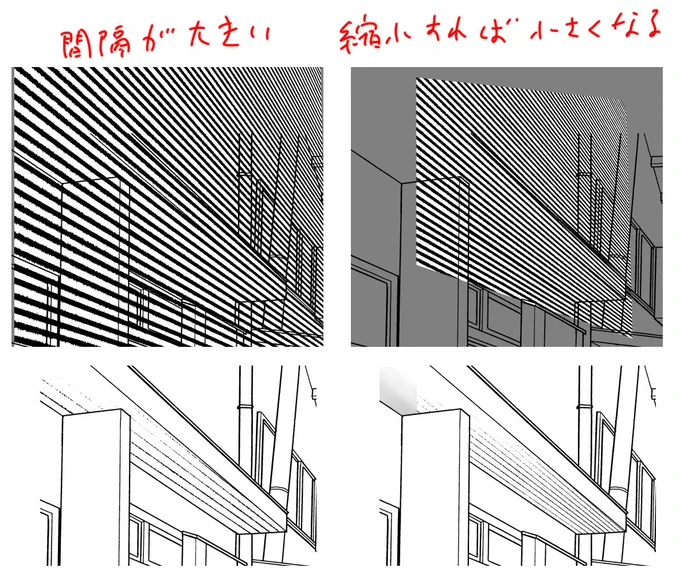 グレー線画化素材、大きく変形させると線の太さは濃度で調整できるけど、線の間隔は変形で変わってしまう問題がありました… 個別に縮小対応するより描いたほうが早い💦 完璧なる時短技にはならないですね…むずかしい🥲  壁1枚とかなら使えると思いますので、用途が限られるかと💦