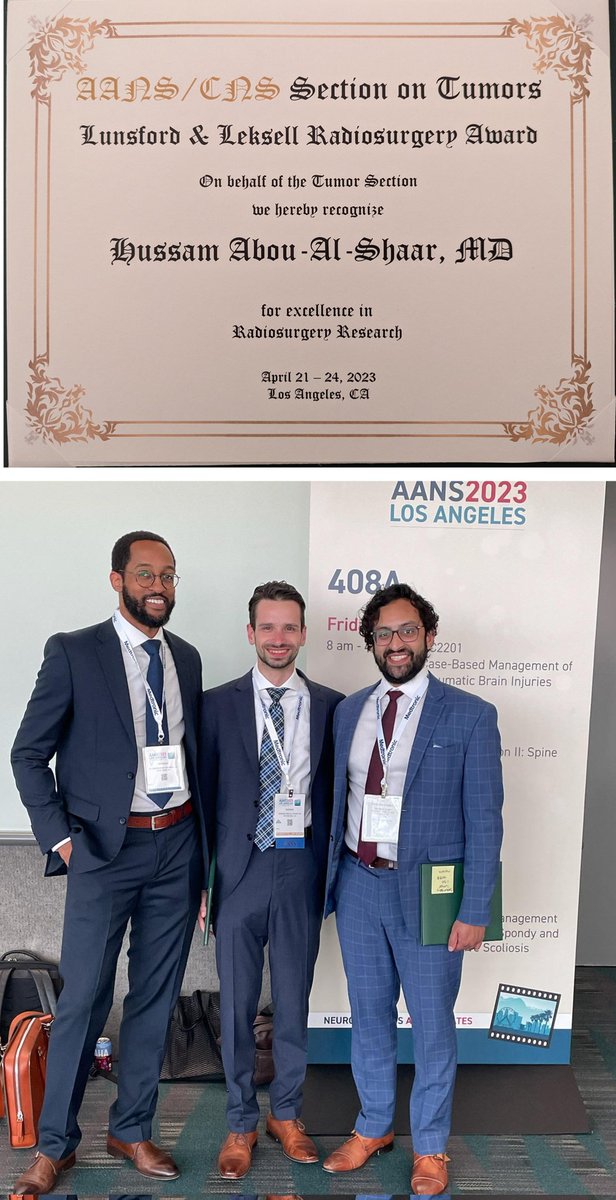 Honored to receive the Lunsford and Leksell Award #AANS2023. Grateful to my mentors @PittNeurosurg @AANSNeuro @CNS_Update @TumorSection @NeurosurgeryCNS @amallelaMD @SpineOncDoc