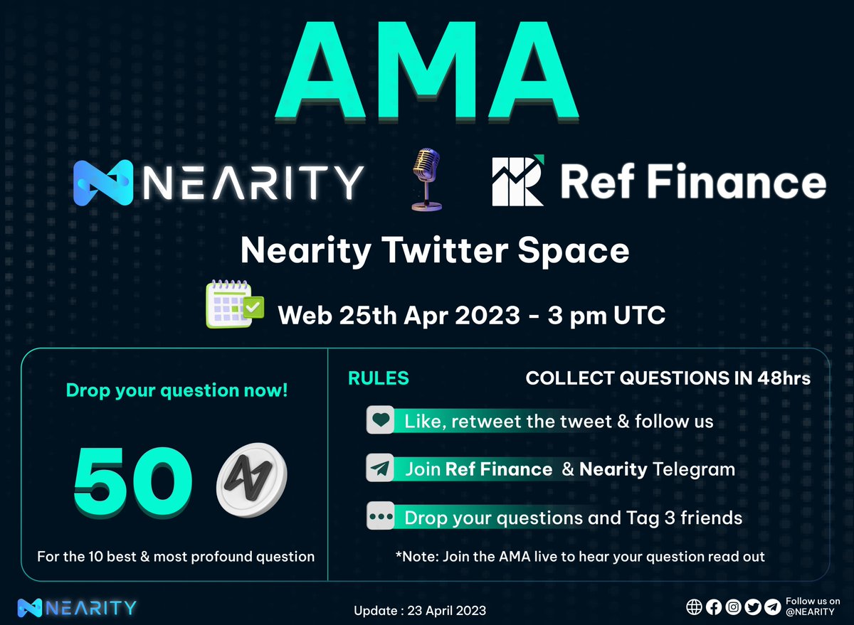 Nearity_org's tweet photo. 🔥NEARITY x REF FINANCE #AMA🔥

💰50 $NEAR for 10 best &amp; profound questions

⏰48hrs &amp; Rules
1️⃣👍, RT &amp; FL
2️⃣Join TG https://t.co/WKGqFSyxXI &amp; https://t.co/nVZf2mpVx3
3️⃣Drop your questions &amp; Tag 3 friends  

Set Reminder⤵️
https://t.co/ikXmyys8y6

#Nearity $NEAR #NEARProtocol https://t.co/volNinq0Di