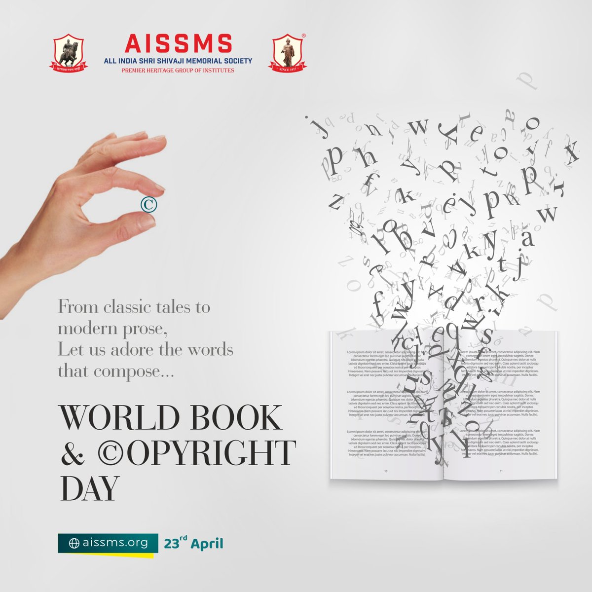 AISSMS_IOM's tweet photo. World Book &amp; Copyright Day is an annual event that celebrates the importance of copyright protection for authors &amp; their literary works. Day highlights the role of books in promoting creativity, knowledge,&amp; cultural diversity across the globe.
#AISSMS #Book #Copyright #Day #Poet https://t.co/uYAkD3jtlv