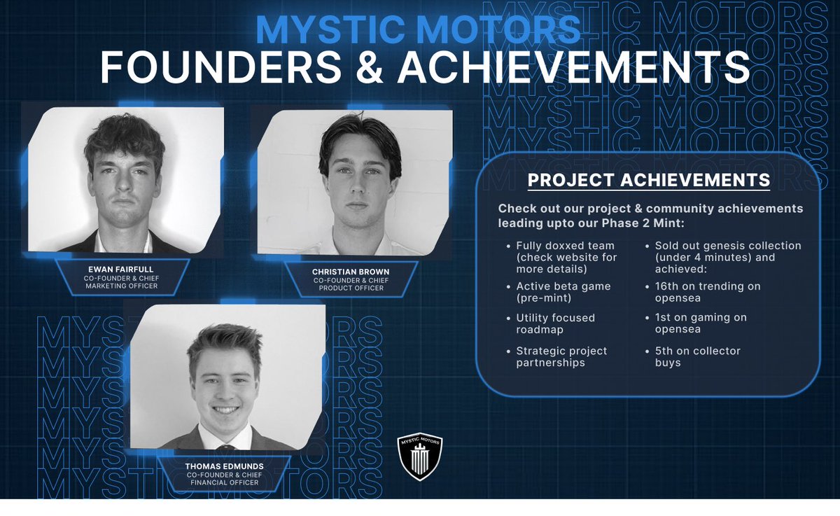 🚨 MYSTIC MOTORS FOUNDERS 🚨

With a team experienced in game creation, finance, marketing and NFT development, Mystic Motors wanted to rehash some of our highlights from the Genesis Collection Sale.