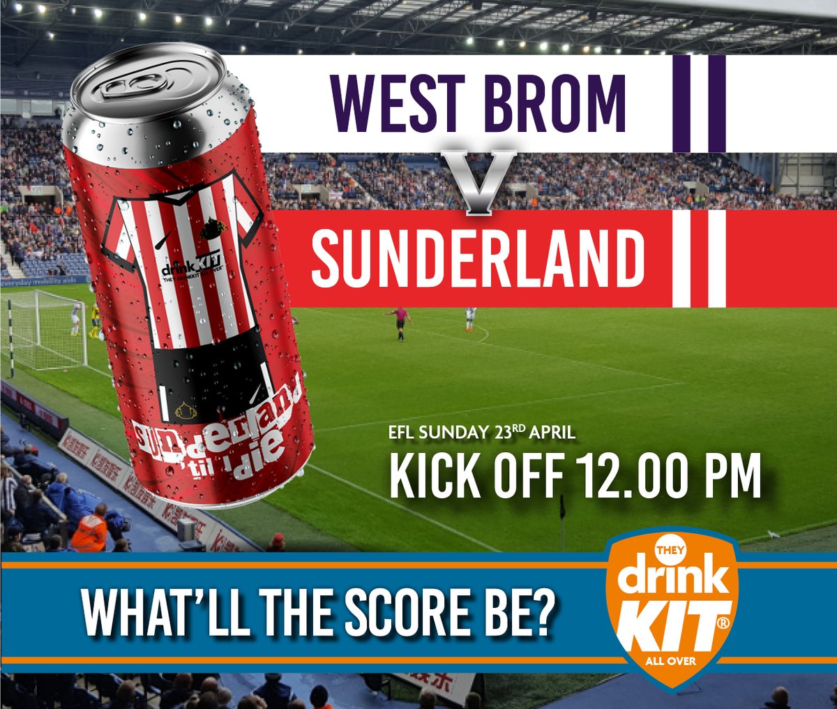 A resurgent Sunderland within touching distance of the playoff places visit a Baggies team slightly above them in the table. Can the Black Cats get revenge for their defeat earlier in the season? What score? 
#drinkkit #wearside #WBASUN #safc #BlackCats