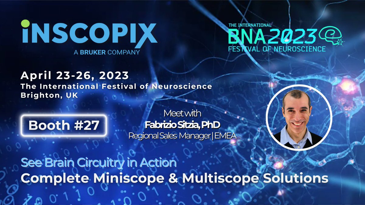 Inscopix's tweet photo. 📣[EVENT ALERT] We are ready to roll @Inscopix #BNA2023 Booth 27 in Brighton! 🇬🇧 Bring us your questions #neurotweeps because we've got some amazing new #miniscope and #multiscope applications for Ca2+ imaging w/behavior! Come chat with Fabrizio – he will show you what's new! 🎉 https://t.co/mWTelNL02I