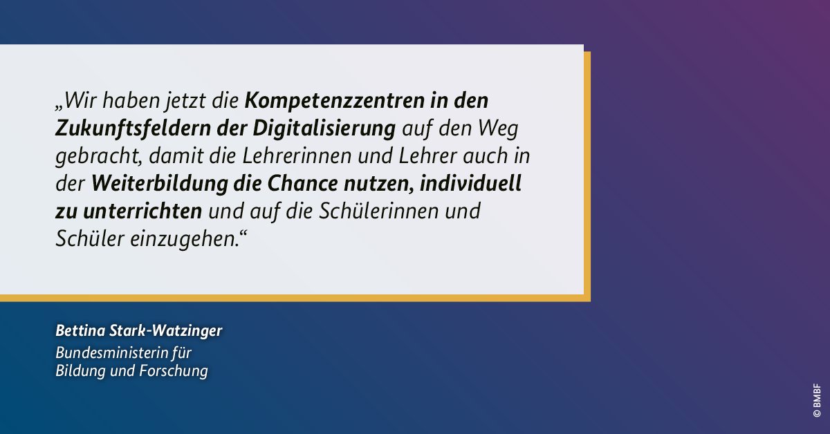 BMBF (@bmbf_bund) on Twitter photo In dieser Woche hat das BMBF das erste #Kompetenzzentrum zur #Lehrerfortbildung für den digitalen #Unterricht in den #MINT-Fächern gestartet. Denn das 🇩🇪 Bildungssystem braucht in der Breite einen Schub bei der #Digitalisierung, so BM <a href="/starkwatzinger/">Bettina Stark-Watzinger</a>.
<a href="/lernendigitalDE/">Kompetenzverbund lernen:digital</a> #twlz In dieser Woche hat das BMBF das erste #Kompetenzzentrum zur #Lehrerfortbildung für den digitalen #Unterricht in den #MINT-Fächern gestartet. Denn das 🇩🇪 Bildungssystem braucht in der Breite einen Schub bei der #Digitalisierung, so BM <a href="/starkwatzinger/">Bettina Stark-Watzinger</a>.
<a href="/lernendigitalDE/">Kompetenzverbund lernen:digital</a> #twlz