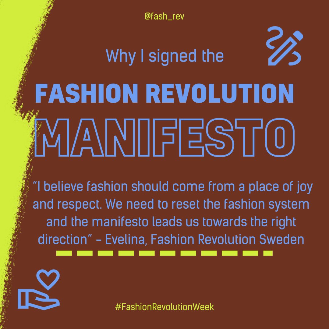 For day 2 of #FashionRevolutionWeek we are calling on Fashion Revolutionaries around the world to sign our manifesto and to share your reason why. The more people who sign, the louder we all become! 

🔗 Sign the manifesto at fashionrevolution.org/manifesto