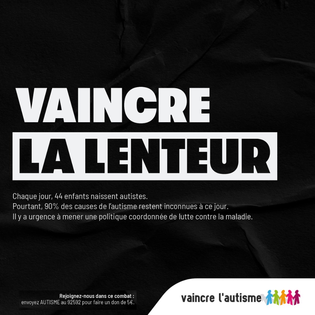 #CampagneVAINCRE2023 : 
Il faut vaincre la lenteur, car chaque jour 44 enfants naissent autistes. Pourtant 90% des causes de l'autisme restent inconnues à ce jour. Il y a urgence à mener une politique coordonnée de lutte contre la maladie. Rejoignez-nous dans ce combat!
