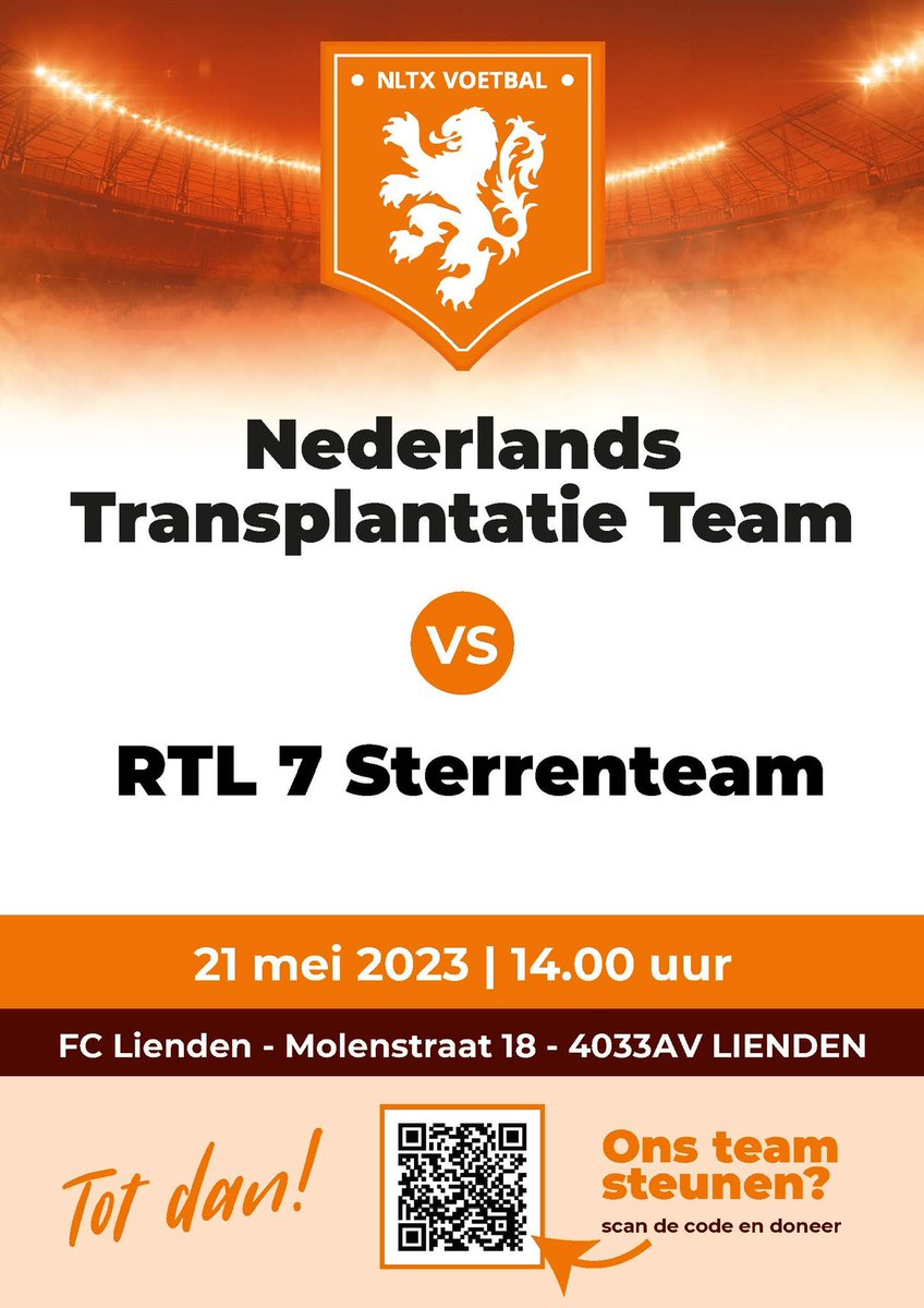 We gaan in met met het <a href="/NVoetbalteam/">Nederlands Transplantatie Voetbalteam</a> in mei een mooi programma tegemoet.
Op 6 mei spelen we in Frankrijk (<a href="/asnlofficiel/">AS Nancy-Lorraine</a>), 13 mei in het stadion van <a href="/fcvolendam/">FC Volendam 🔶</a> en 21 mei tegen <a href="/rtl7sterrenteam/">RTL 7 Sterrenteam</a> .
Wat een maand!