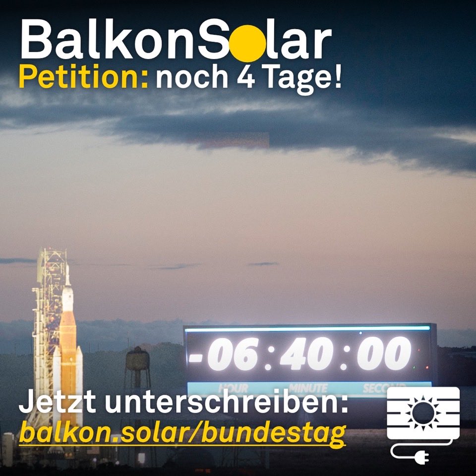 88126 Menschen haben unterschrieben!

Noch 4 Tage Zeit.

Jetzt unterschreiben &amp; teilen: epetitionen.bundestag.de/petitionen/_20…

#Balkonsolar bietet Mietenden die Möglichkeit selbst an der Energiewende mitzumachen, ist sicher, rentiert sich in 4-7 jähren und reduziert Kosten &amp; Co2.