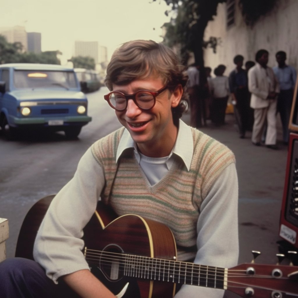 MSNKarthik's tweet photo. Bill Gates played guitar on Mumbai streets in the 80s, captivating crowds with his passion and skill. His success reminds us to pursue our passions.

#chatgpt #midjourney #generativeai #BillGates #IncredibleIndia @adwhyta https://t.co/j0ogDQ0rKl