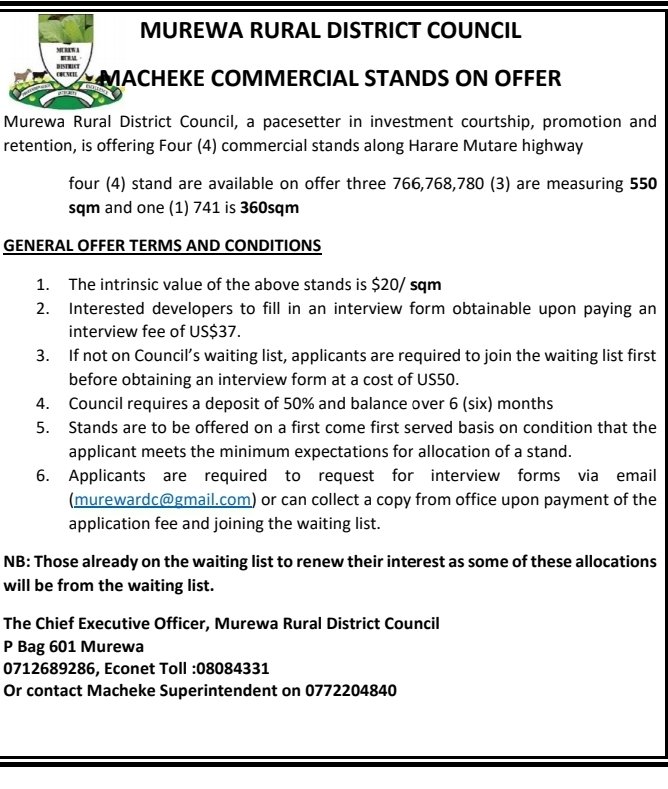 Macheke Commercial Stands On Offer