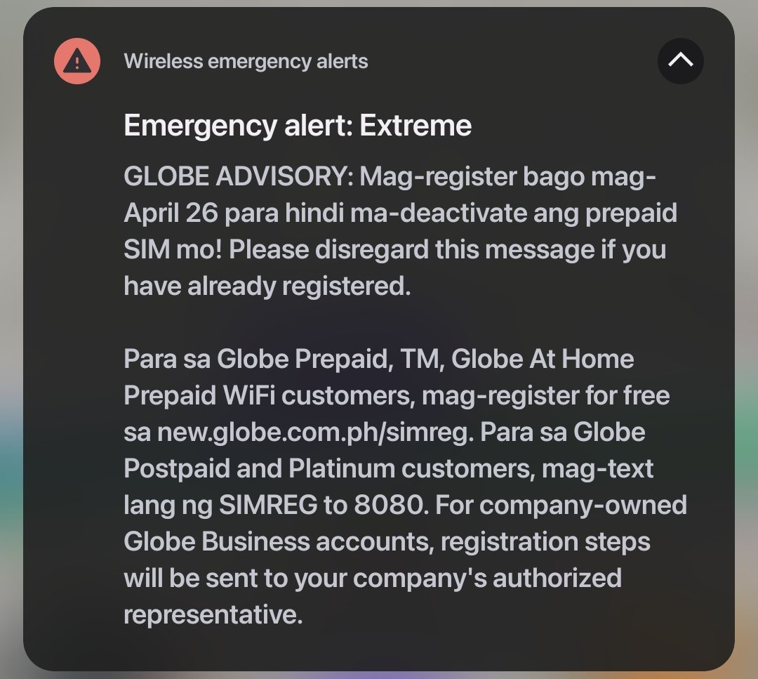 bobreyes's tweet image. Is Globe Telecom even allowed to use the Emergency Cell Broadcast System for this purpose (reminding subscribers to register their SIM Cards)?!

#SIMCardRegistration #SIMCardRegistrationPH #GlobePH #InternetPH #PHInternet
