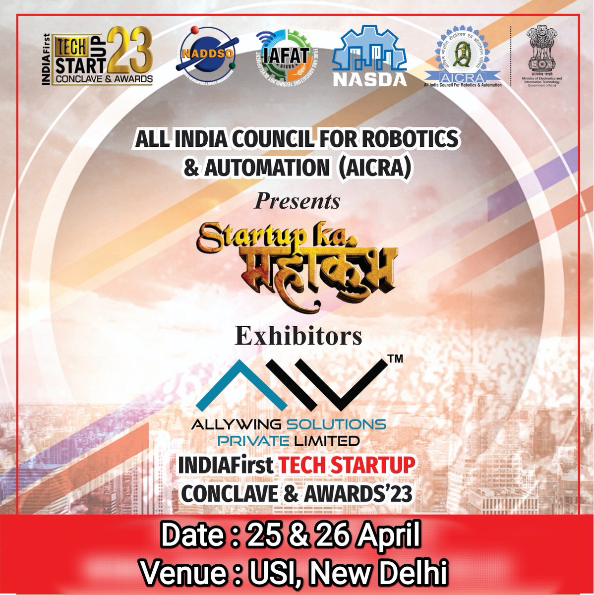 AICRA (@aicraindia) on Twitter photo Thanks @AllywingSoluti1 for being one of the Exhibitors of 3rd IndiaFirst Tech Startup Conclave 2023 to be held at <a href="/USIofIndia/">United Service Institution of India</a> on 25-26 April.
We welcome startup community to interact and explore opportunities with Allywing Solution Private Limited.
#technology #startupindia Thanks @AllywingSoluti1 for being one of the Exhibitors of 3rd IndiaFirst Tech Startup Conclave 2023 to be held at <a href="/USIofIndia/">United Service Institution of India</a> on 25-26 April.
We welcome startup community to interact and explore opportunities with Allywing Solution Private Limited.
#technology #startupindia