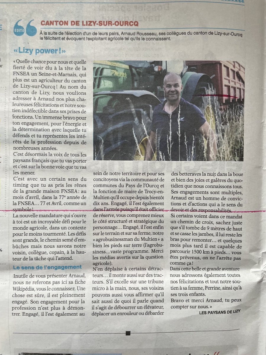 Encore toutes nos félicitations et notre plein soutien à Arnaud Rousseau <a href="/rousseautrocy/">Arnaud Rousseau</a> 
Fier de notre agriculture 👨🏻‍🌾 🇫🇷 et de ceux qui la représentent et la défendent !
<a href="/FNSEA/">La FNSEA</a> <a href="/fdsea/">Vladimir Kukov</a> <a href="/FDSEA77/">FDSEA 77</a>