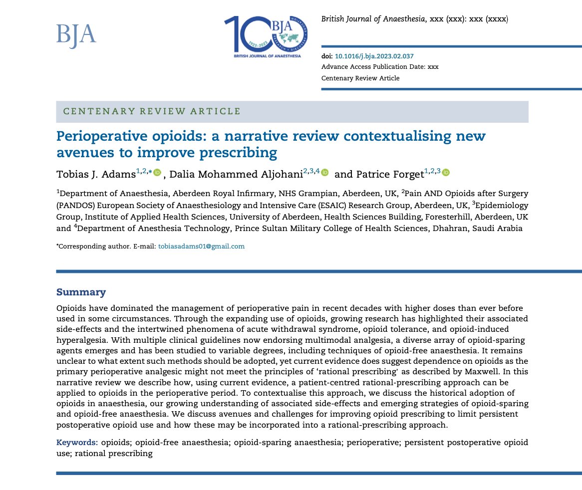 tobiasjadams's tweet image. Delighted to publish our recent article &apos;Perioperative opioids: a narrative review contextualising new avenues to improve prescribing&apos; in the British Journal of Anaesthesia. Dalia Aljohani @Patrice_Forget

authors.elsevier.com/a/1gvLs1dCDq-YP