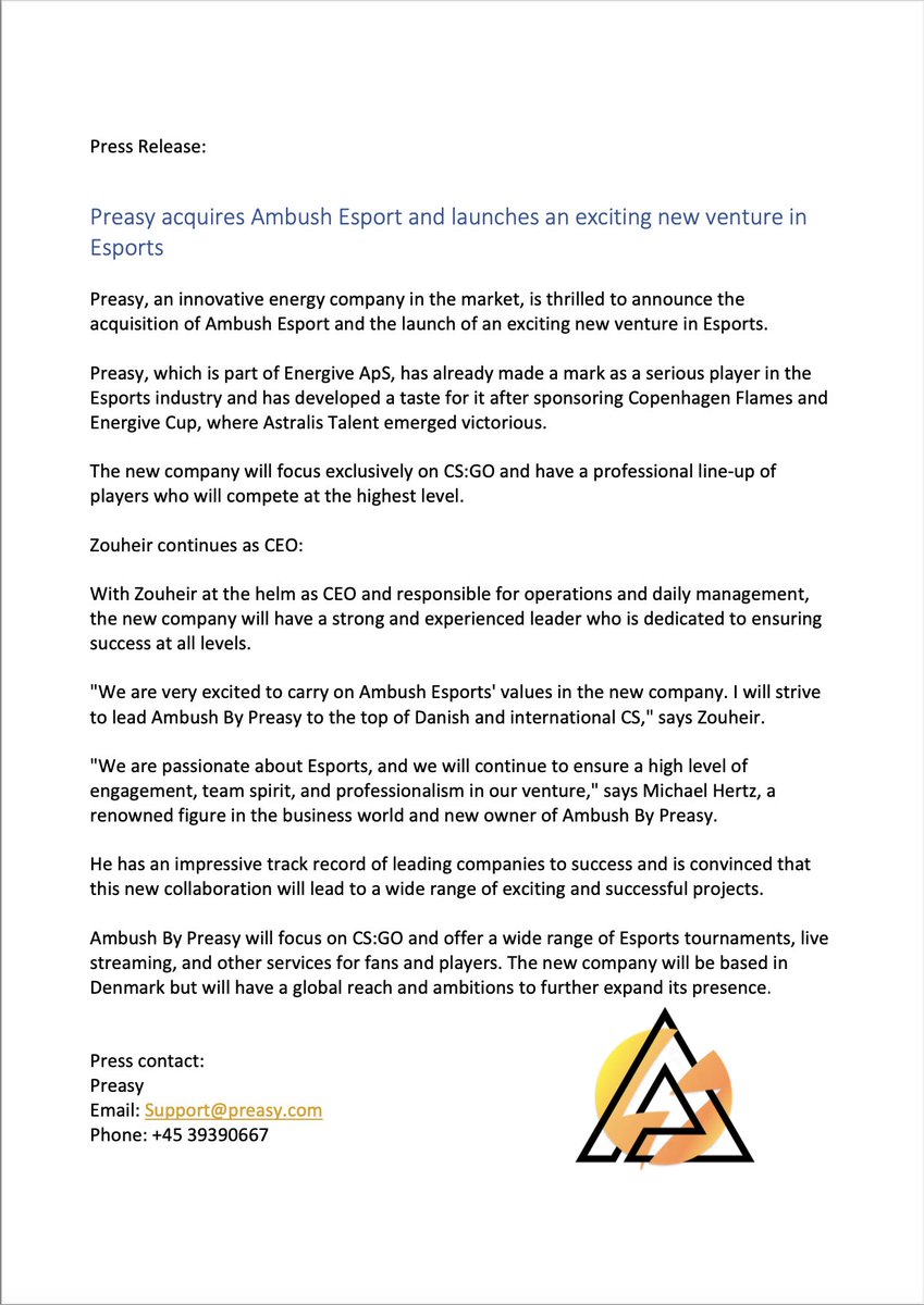 PRESS RELEASE

The Danish energy company, Preasy acquires Ambush Esport.