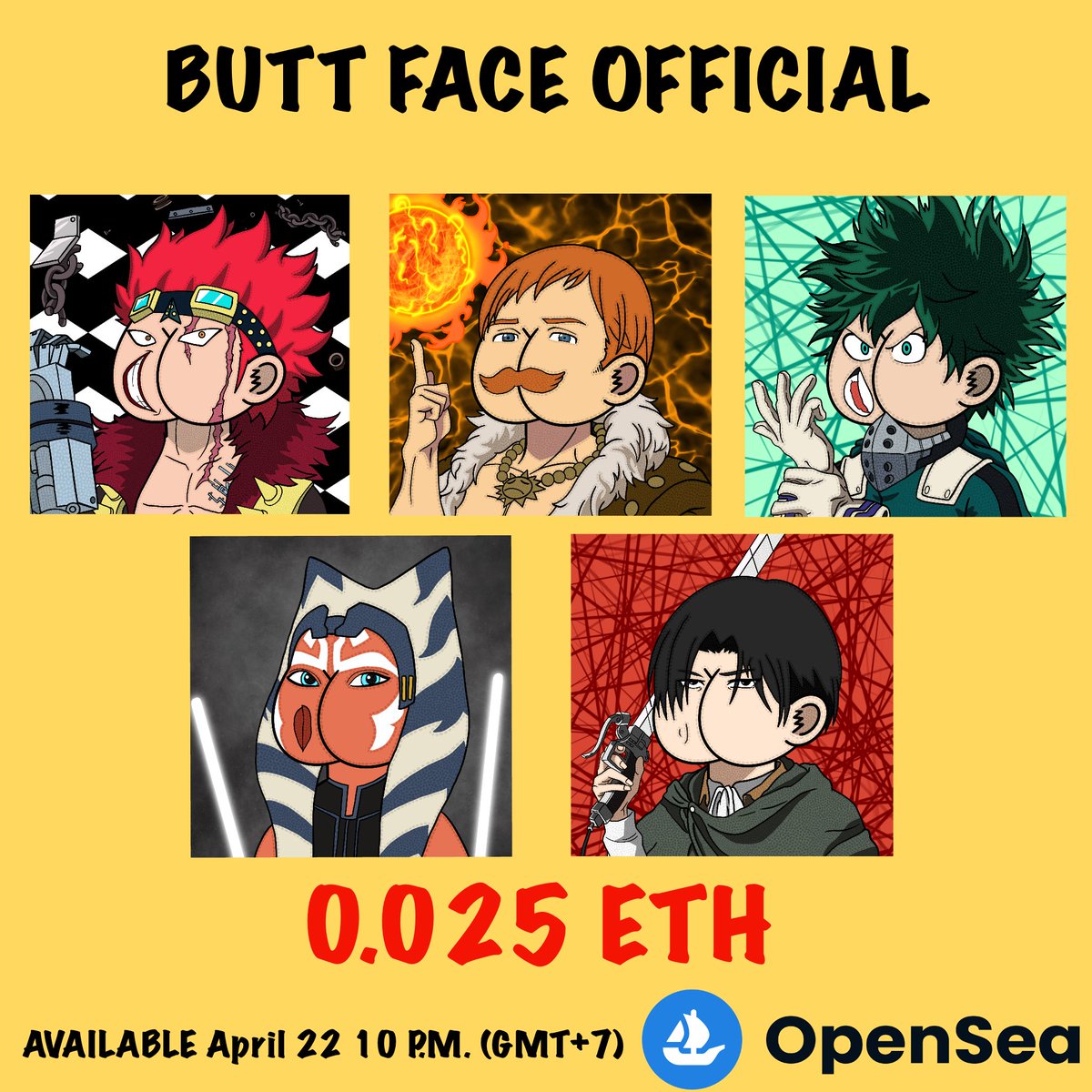 BUTT FACE OFFICIAL

No.26-30

PRICE : 0.025 ETH

opensea.io/collection/but……

#opensea #OpenSeaMarket #OpenSeaCollection #OpenseaNFTs #openseamarketplace #OpenseaArt 
#pfpNFT #NFTTHAILAND #NFTJapan #ButtFaceOfficial #NFTCollection #nftcollector