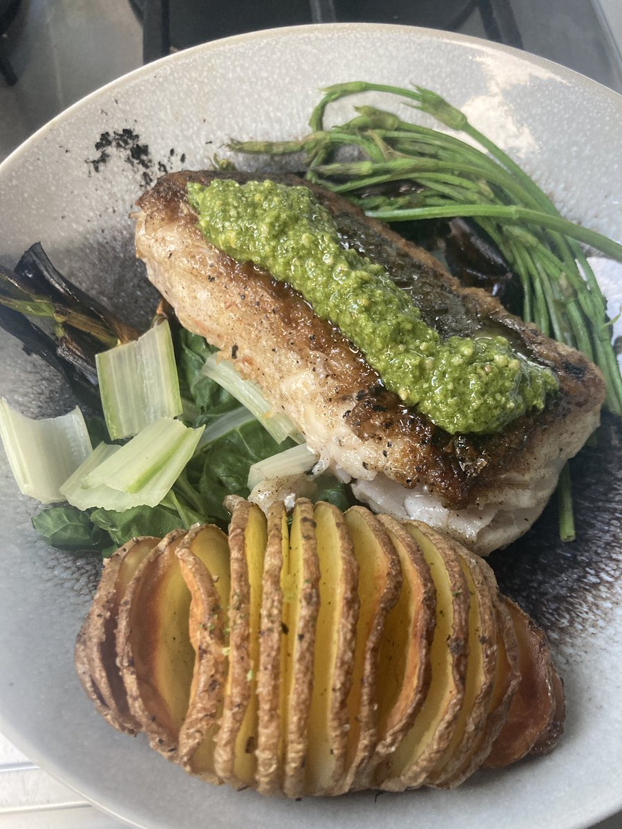 foodgrower's tweet photo. Last nights dinner inspired by #therocketstore #Boscastle pan fried #hake with #tomatoleaf #pesto #hasslebackpotato #foraged #hopshoots and #homegrown #chard and grilled #greengarlic https://t.co/AwE7uVC14b