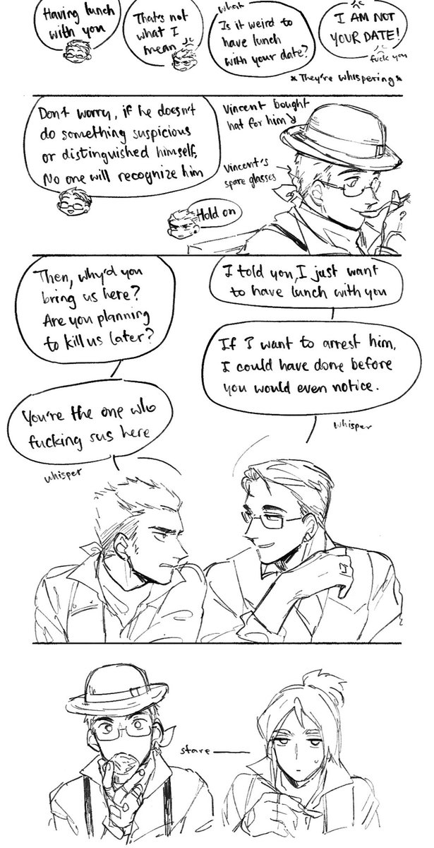 (Sketch) "Just admit it, mon chéri"

Chamber invited three of them to have lunch with him. Of course, Yoru didn't trust Chamber. He's still wary of him, even if Chamber didn't show any signs of danger or try to arrest Gekko. What's he thinking?

#yomber 