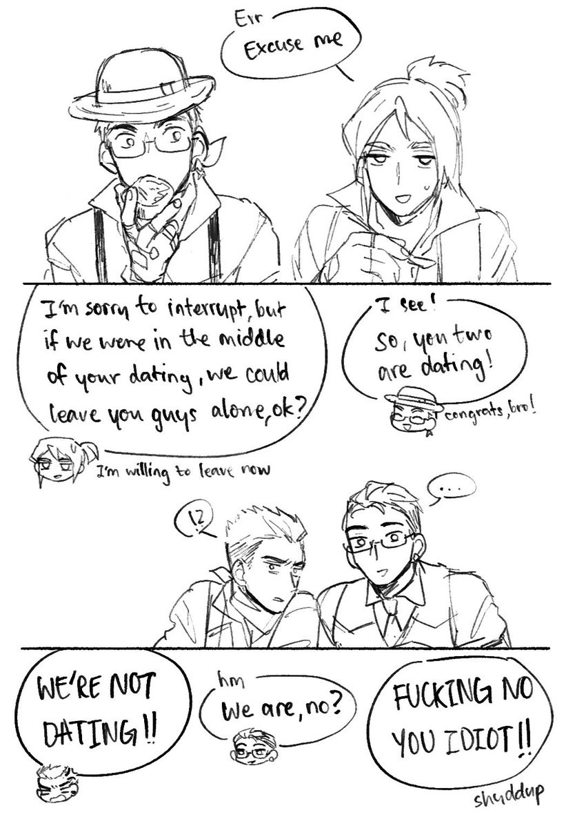 (Sketch) "Just admit it, mon chéri"

Chamber invited three of them to have lunch with him. Of course, Yoru didn't trust Chamber. He's still wary of him, even if Chamber didn't show any signs of danger or try to arrest Gekko. What's he thinking?

#yomber 
