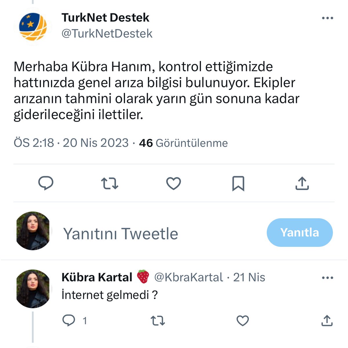 KbraKartal's tweet photo. @TurkNetDestek 20 nisanda 21 rinde gelecek dediniz bu gün 23 nisan ? Verilen yanıt sorunumu çözmedi. İnternetim yok ! https://t.co/L6KUuyKtXY