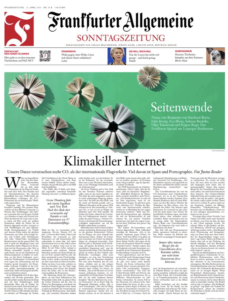 lutzmache's tweet image. Heute schon auf die Titelseite der FAS geguckt? "Klimakiller Internet". Warum der Einstieg in den Text und damit die Grundprämisse ärgerlich und journalistische Fragen aufwirft, ein kurzer 🧵
