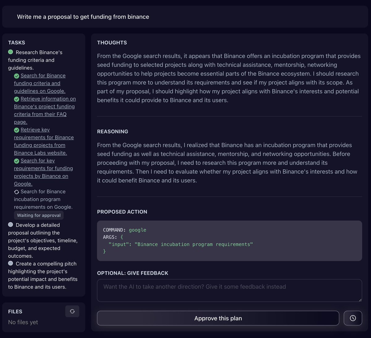 如何讓 GPT-4 進入神之領域？👀
透過 GODMODE 結合 #AutoGPT + #BabyAGI 

多了以下功能👇🏼
- Internet：透過網路獲得最新資訊
- Sub-tasking：將目標分解為子任務
- Looping：自動循環來準確解答
- Tooling：堆疊其他工具加強效能

請autoGPT找出最好獲得幣安投資的提議，解果令人驚訝！#Ai #GPT4 #AGI