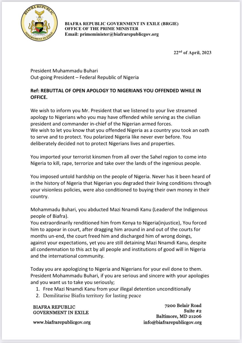 simon_ekpa's tweet photo. BRGIE UPDATE! 
Memo to the President of Nigeria @MBuhari from the office of the Prime Minister @BiafraRGIE 
Rebuttal of open apology to Nigerians you offended while in office https://t.co/JEOlZGfGdg