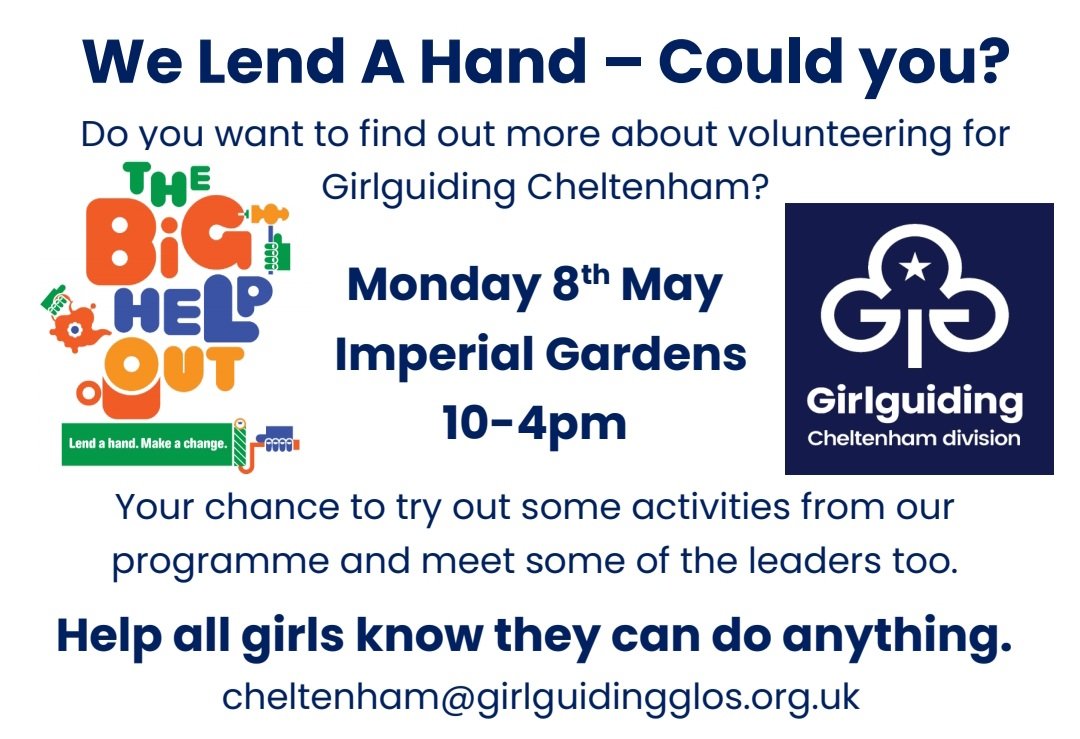 Thinking of Volunteering? Why not come along and meet some of the leaders, try some activities from our programme, and see how much fun it is to volunteer with <a href="/Girlguiding/">Girlguiding</a> <a href="/GirlguidingSWE/">Girlguiding SWE</a> <a href="/GirlguidingGlos/">Girlguiding Gloucestershire</a> #TheBigHelpOut
