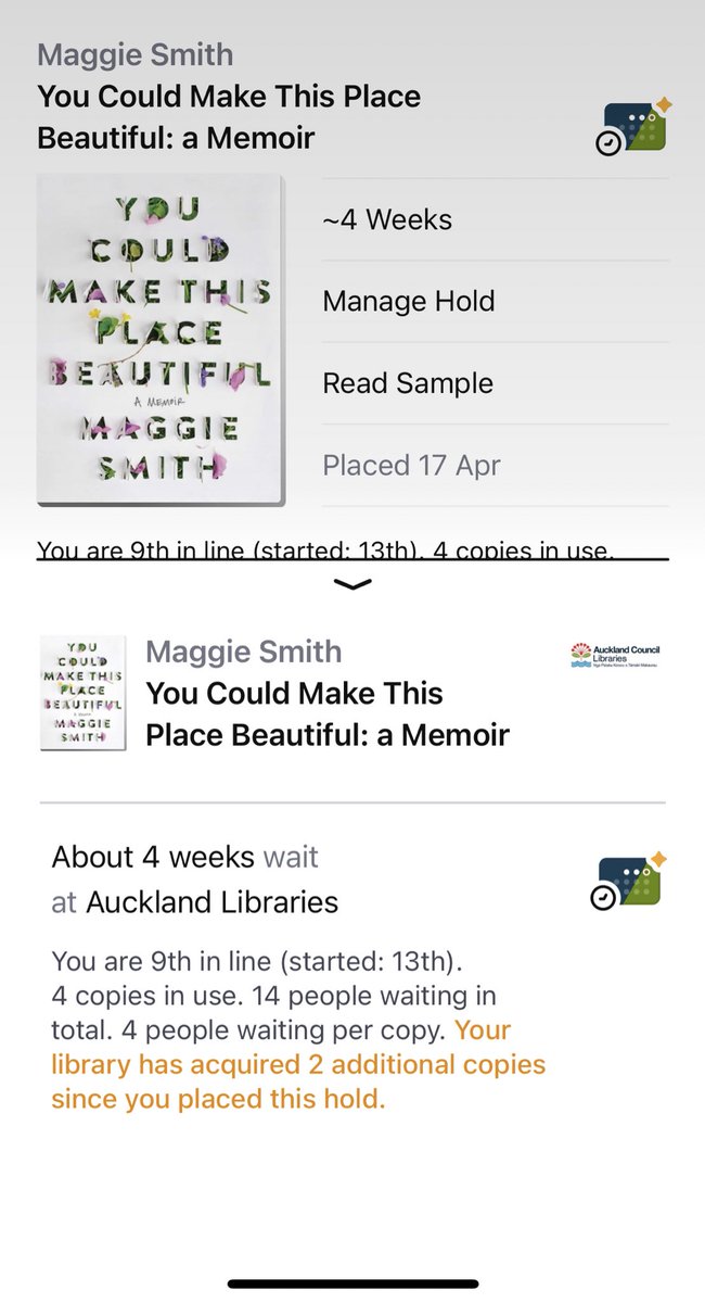 juniordocling's tweet photo. @Auckland_Libs so cool to see you responding to demand by acquiring additional copies of @maggiesmithpoet ‘s memoir! Can’t wait to read this. https://t.co/kO58JyyjqE