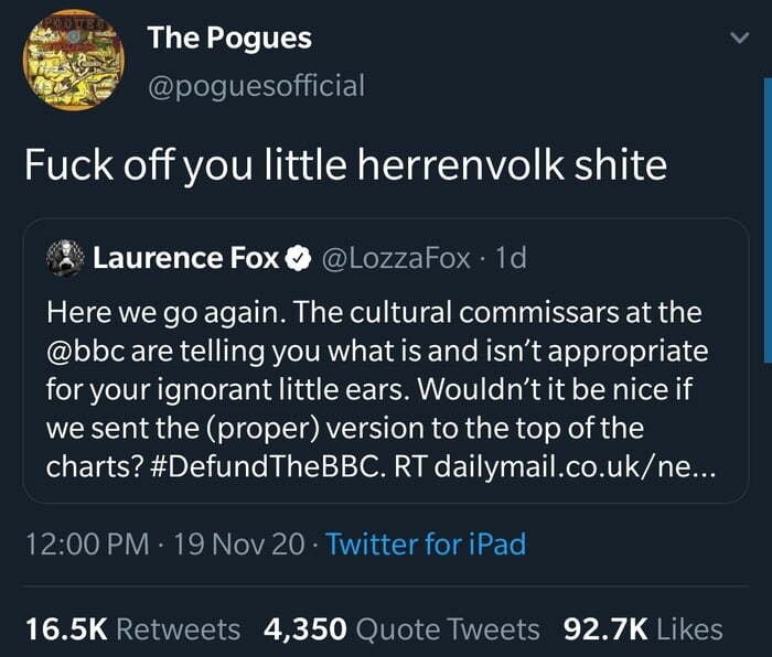 _Cailin_Corcra_'s tweet photo. The Pogues calling Laurence Fox a herrenvolk shite https://t.co/jNondfdAB1
