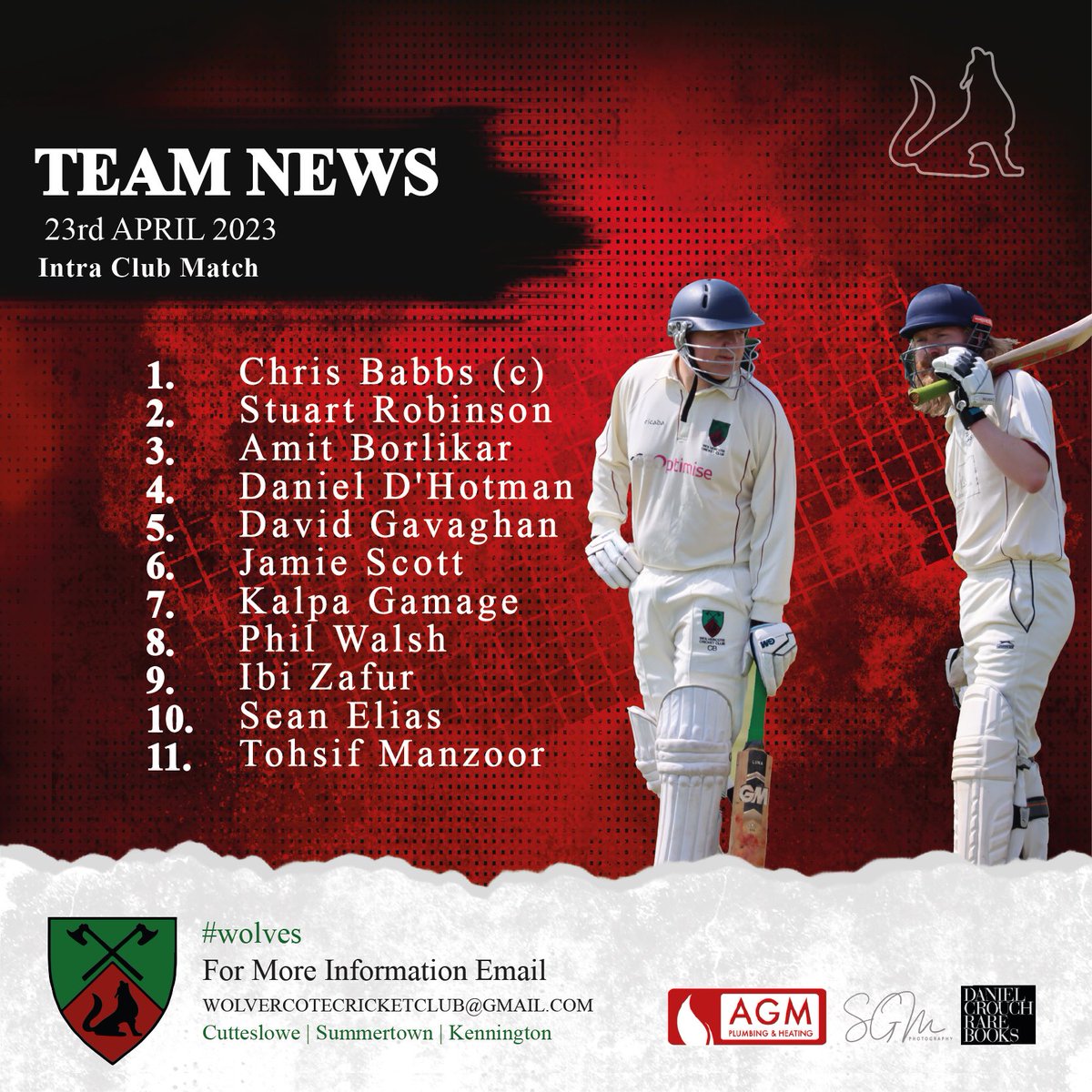 WolvercoteCC's tweet image. 🔊It’s Match Day

The season finally gets underway 🎉

🤝Intra Club: Babbs 🆚 George 🏏

*not in batting order 

#wolvercote #wolves #summer #cricket #oxford #oxfordshire