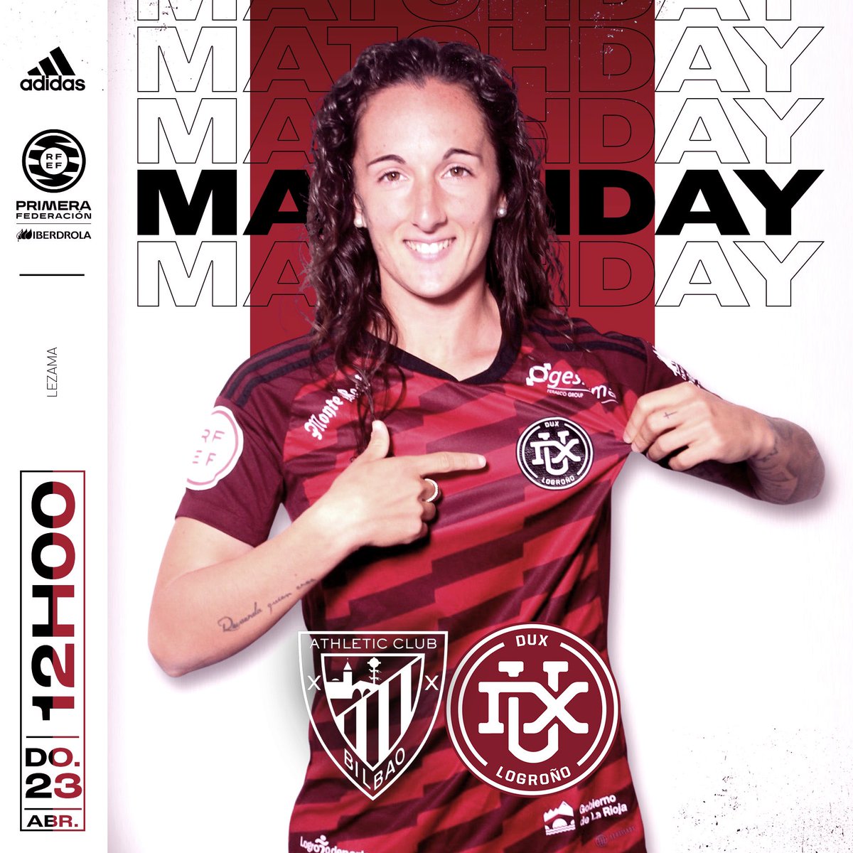LogronoUnited's tweet photo. ¡Hoy jugamos! A las 12:00 en Lezama frente al @AthleticClubFem B ¡Vamos vinotintos! 

No se televisa pero podéis seguir el minuto a minuto en nuestro Twitter.
.
#GoDUX https://t.co/2ztQ8JFuax
