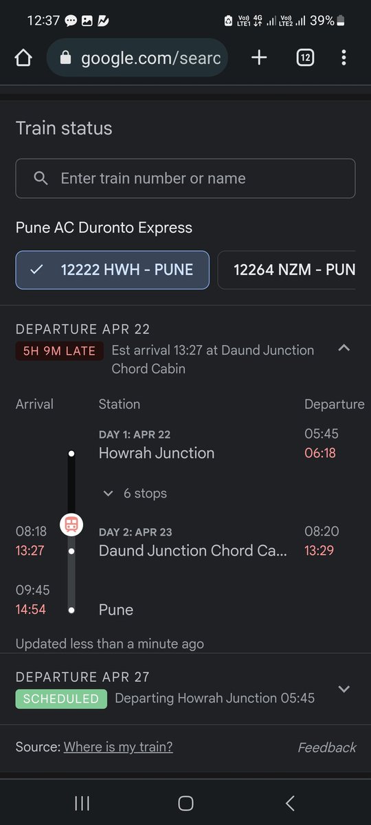 samir_1911's tweet photo. @IRCTCofficial @RailMinIndia @AshwiniVaishnaw today- 5 hours delay and day before yesterday 15 hours delayed Howhra to Pune Duronto. Very bad management from Indian railway , No food and water as well . @htTweets https://t.co/7WbFeePgKc