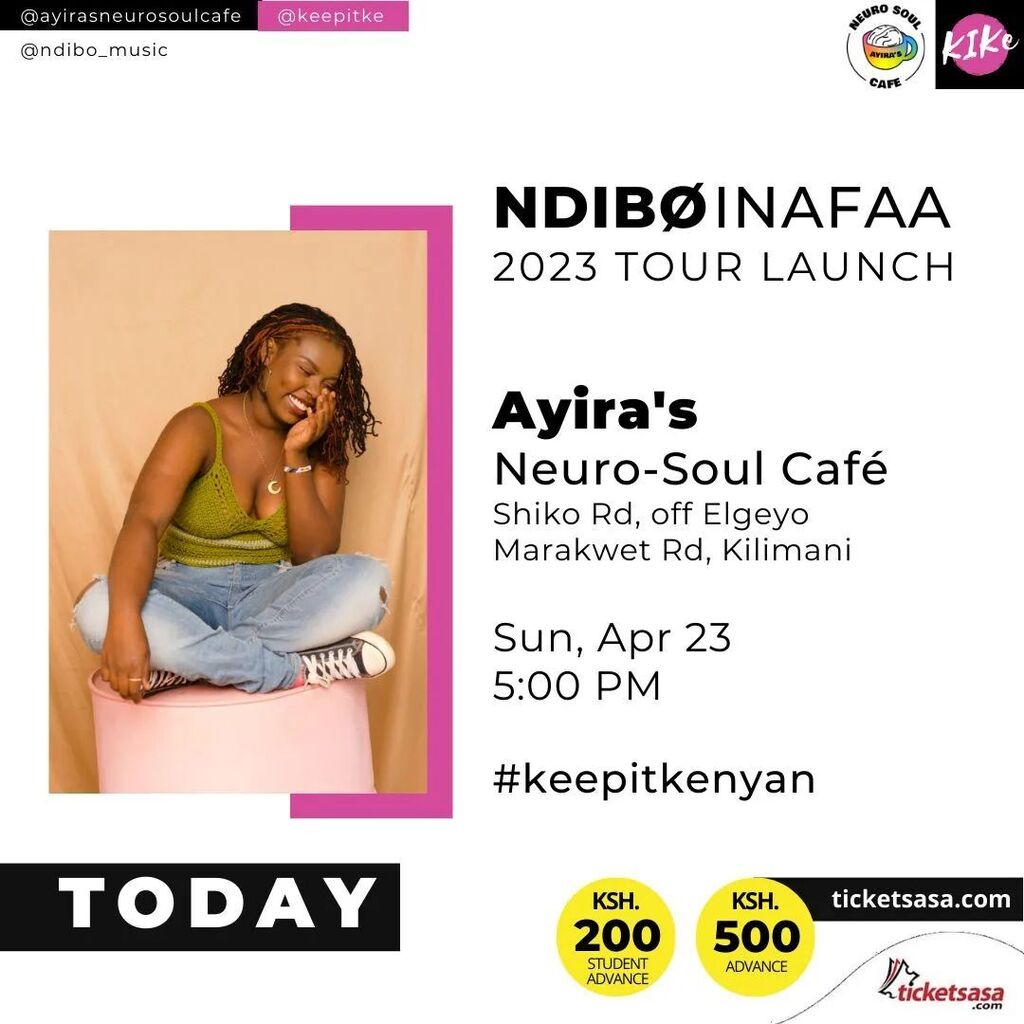 keepitke's tweet photo. TODAY • NDIBØ INAFAA TOUR LAUNCH • It's a great honour to have NDIBØ (@ndibo_music) (pronounced ndi-fo) trust us enough and have the first KIKe Tour. 

Sunday, April 23, 2023
5:00 PM

Ayira's Cafe (@ayirasneurosoulcafe)
Shiko Rd, 
off Elgeyo Marakwet… https://t.co/FysXddKw6Q https://t.co/BGEYkfUsxu