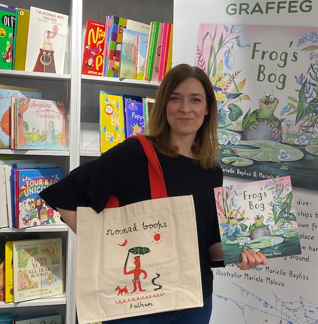 Thank you @nomadbooks for having me! A great event jam-packed with frog leaping kids. Thrilled with this lovely tote bag too! Some signed copies still in store so hop to it before they've gone🐸 #authorevent #independentbookshop #kidspicturebook #kidlit #childrensbooks #bookshop