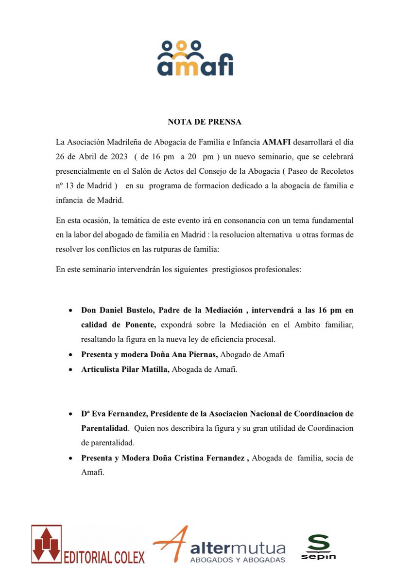 CeminenlaRed's tweet photo. Os invitamos a participar el próximo día 26 de abril en este Seminario sobre Medios Alternativos de Conflictos que organiza  @somosamafi 

Seminario destinado a la protección del interés de los mejores. ¡¡¡No te lo puedes perder!!! 

Información aquí abajo 👇🏻 https://t.co/5E16qS3RET