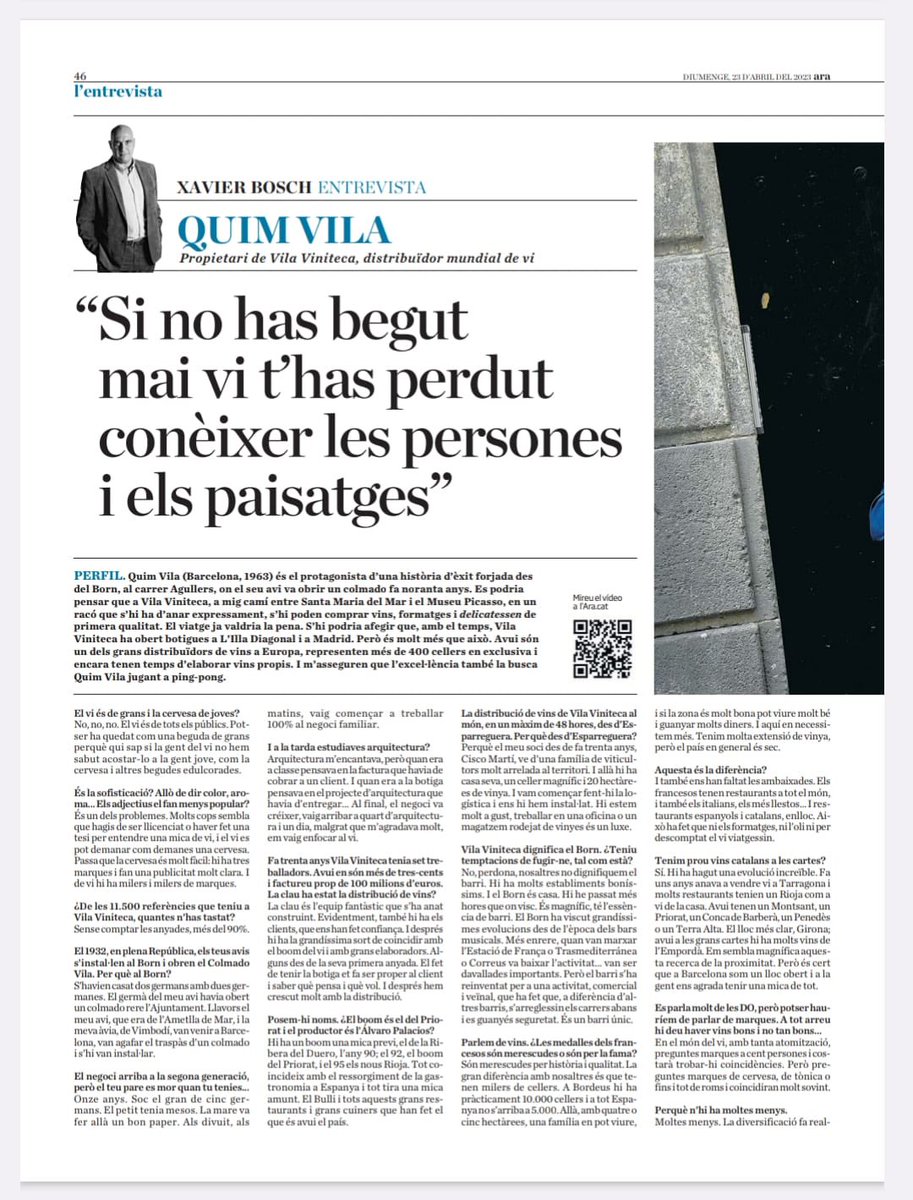 vilaviniteca's tweet photo. “Si no has begut mai vi t’has perdut conèixer les persones i els paisatges”. Avui, entrevista de Xavier Bosch a Quim Vila al diari ARA https://t.co/wqPYiJXmMn https://t.co/GnzuzVvUln