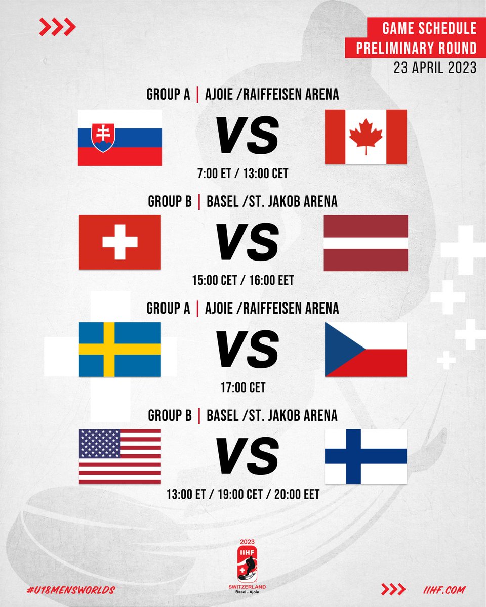 Here is today's schedule! 🔥 #U18MensWorlds 

TV &amp; Streams: iihf.com/en/events/2023…