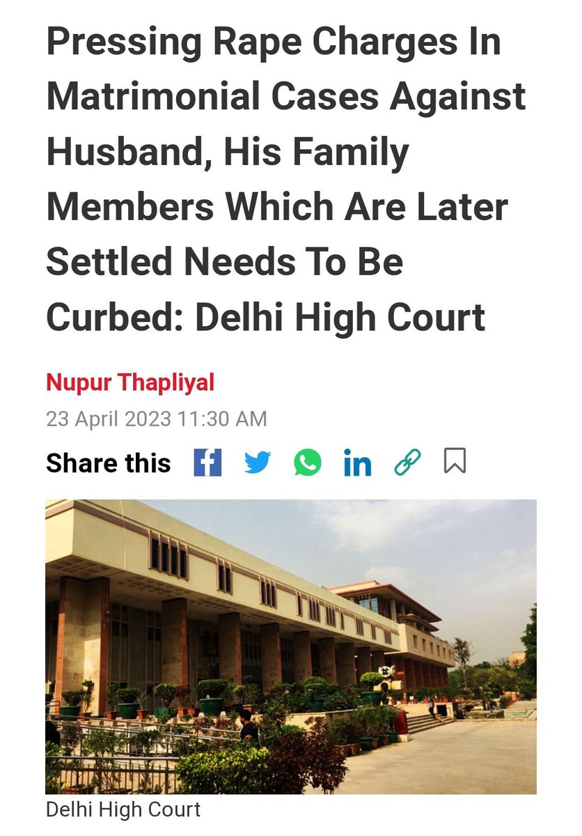 A fine of just 10,000 rupees on woman who filed #falserape case on family members of Husband 

This is what's happening before #MaritalRape law comes, imagine the situation after the law comes 

livelaw.in/high-court/del…