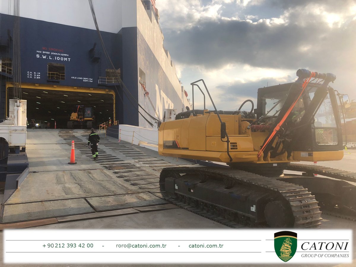 CatoniGroup's tweet photo. Catoni Group provides commercial and operational agency services for RORO vessels at Turkish Ports. We are sharing a scene from an excavator shipment that was discharged from a PCTC vessel during her Yarimca port call. #catonigroup #RORO #PCTC #shippingline #lineragent #turkey #rollingcargoes #rollonrolloff #autocarrier #carcarrier #vehiclecarrier #wheeledcargo #rorocargo #roroship #roroshipping #rollonrolloffship #shipping #maritime #logistics #catoni