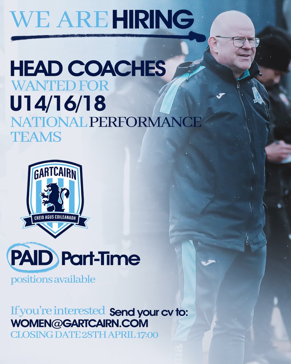 VACANCY | We are now welcoming applications for Head Coach u14/16/18 NP girls teams.  ✉️ Interested parties should submit their CV to women@gartcairn.com Applications will close on Friday 28th April at 17:00.