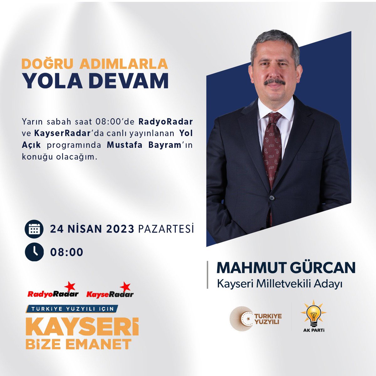 mahmutgurcan's tweet photo. Yol Açık 📻

Yarın sabah saat 08:00’de RadyoRadar ve KayseRadar’da canlı yayınlanan “Yol Açık” programında Mustafa Bayram’ın konuğu olacağım.

🗓️ 24 NİSAN PAZARTESİ
⏰ 08:00

“RadyoRadar &amp; KayseRadar” ortak yayınında görüşmek üzere. https://t.co/lCnpU0TeHO