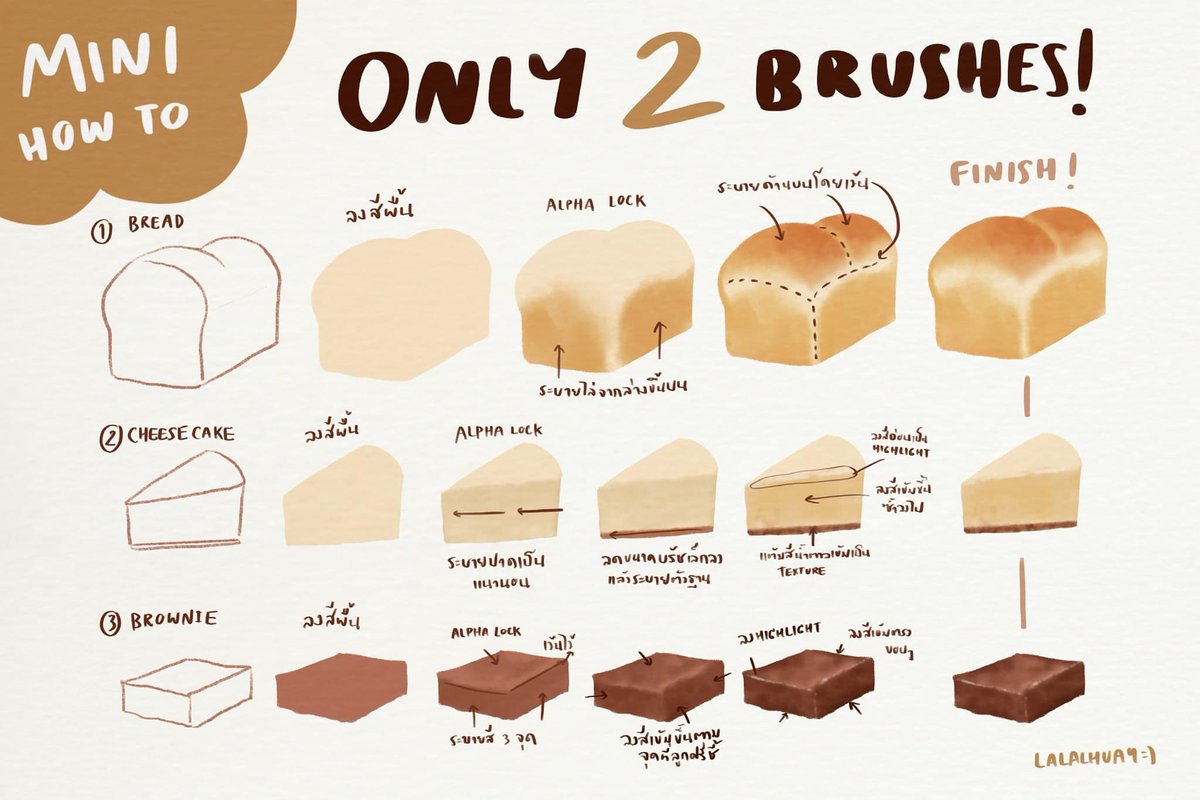 💗Mini How to - Only 2 Brushes!💗
        จากที่เราเคยทำ How to ขนมต่างๆมาหลายอย่างแล้ว วันนี้เราจะมาสอนวาด ขนมปัง ชีสเค้ก และบราวนี่ 

🍞 ใช้เพียง 2 บรัช (6B ใช้ร่างรูป / Wet Sponge ใช้ระบายสี) บรัชที่ใช้จะแนบไว้ใต้ comment นะคะ