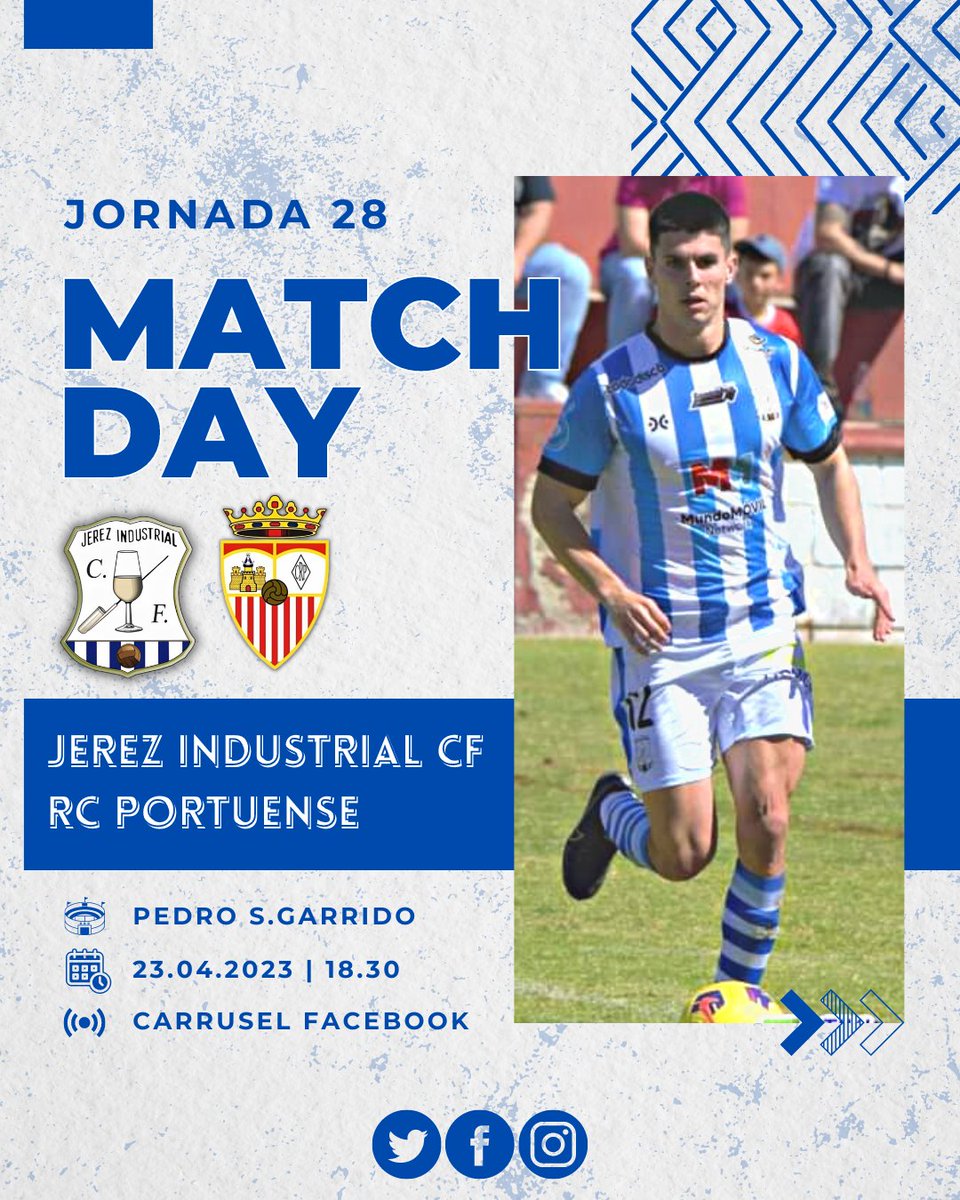 JerezInd_CF's tweet photo. ¡Buenos dias Industrialistas! 💙🤍

¡HOY JUEGA EL JEREZ INDUSTRIAL!

☑️| JORNADA 28
🗓️| Domingo 23 de Abril
🕓| 18:30 h.
🏟️| Estadio Pedro S.Garrido
🆚| @RCPortuense1928

#jerezindustrialportuense

#JICF #Temp2223 #Jornada28 https://t.co/4SQSGtJYkW