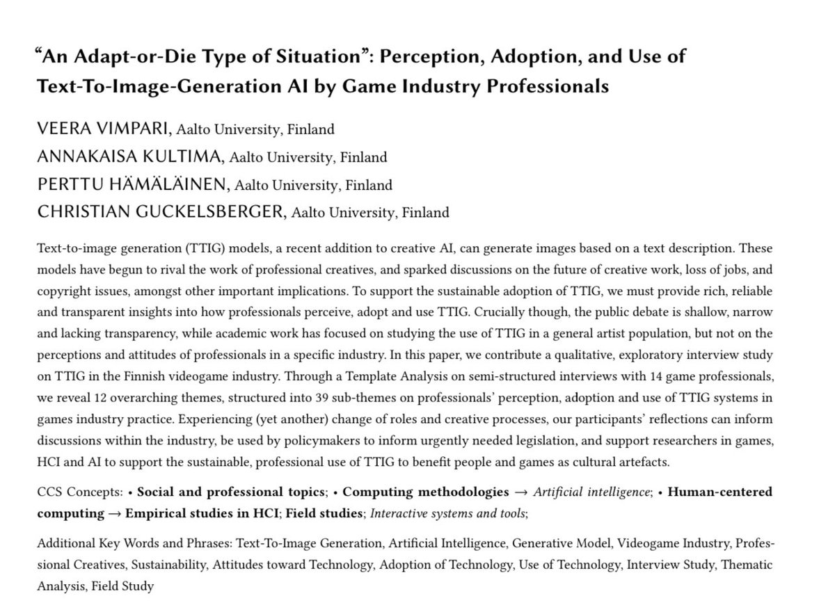 aakoo's tweet image. We got this paper accepted to CHI PLAY 2023 conference! It is a nice addition to game design praxiology studies. Happy to be part of this paper (smaller role). :) Already available as a preprint at arXiv: arxiv.org/abs/2302.12601. #AI #creativeAI #texttoimagegeneration #gamedev