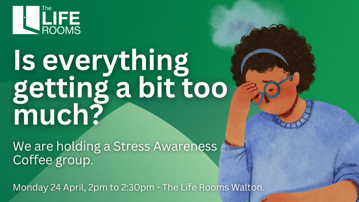 This month is #StressAwarenessMonth

If you're struggling with stress or #anxiety, it's essential to talk 💚 Visit us and have a cuppa and a chat ☕

Monday, The Life Rooms Walton, 2 pm

Let us know if you're joining us:
📞0151 478 6556 
✉️ liferooms.learning@merseycare.nhs.uk